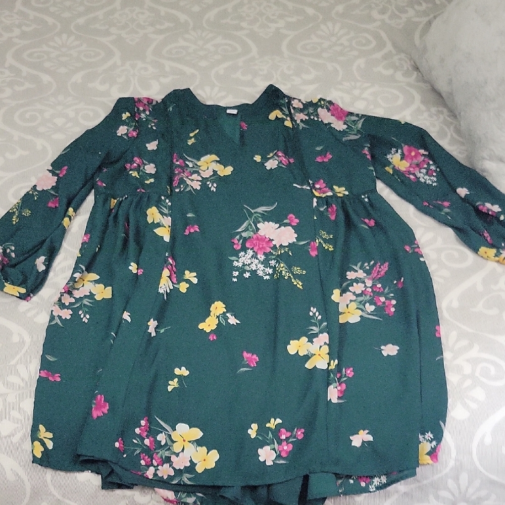 Floral Green Dress with Pink and Yellow Accents
